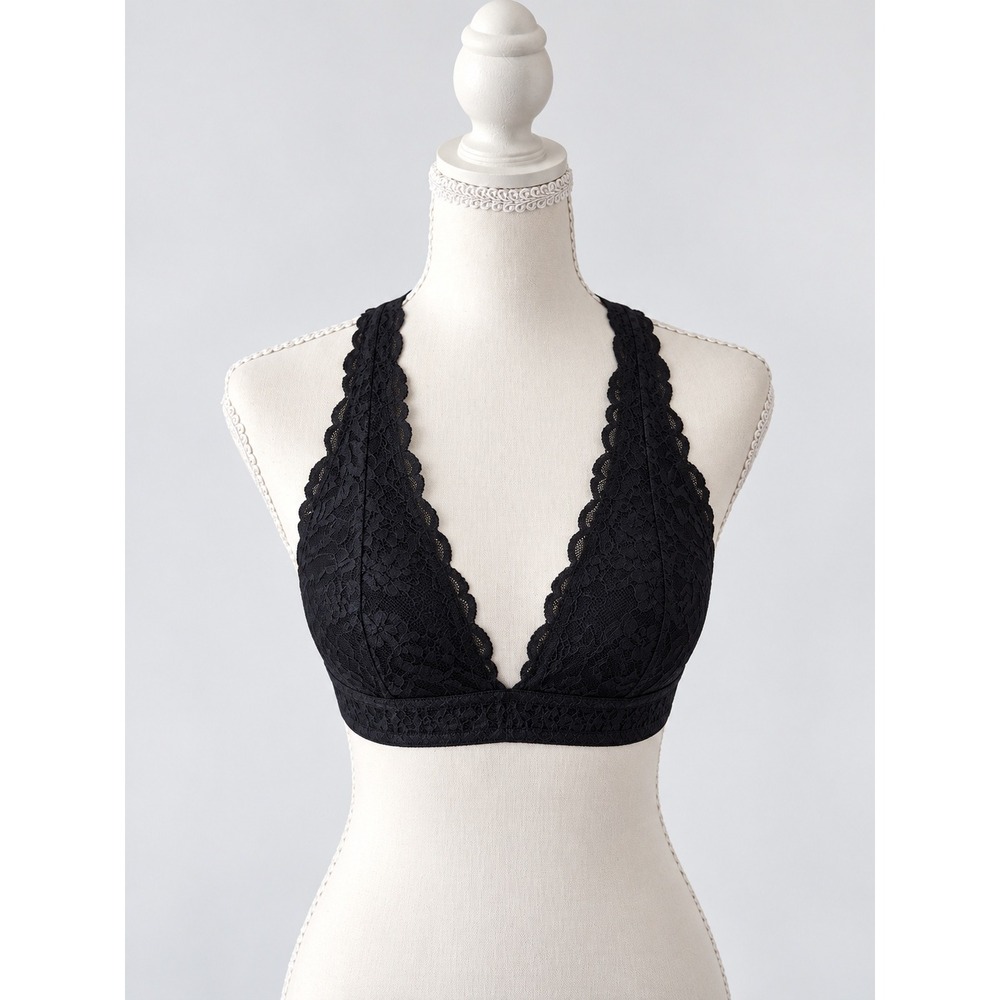PINK Victoria's Secret Black Lace Bralette Racerback Floral Scalloped S/M